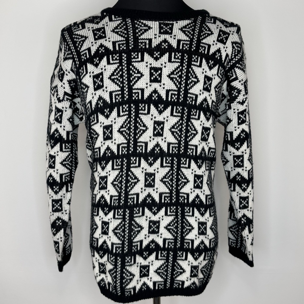 Vintage Hunt Club Sweater Men M Black White Knit Nordic Fair Isle Pullover Stars